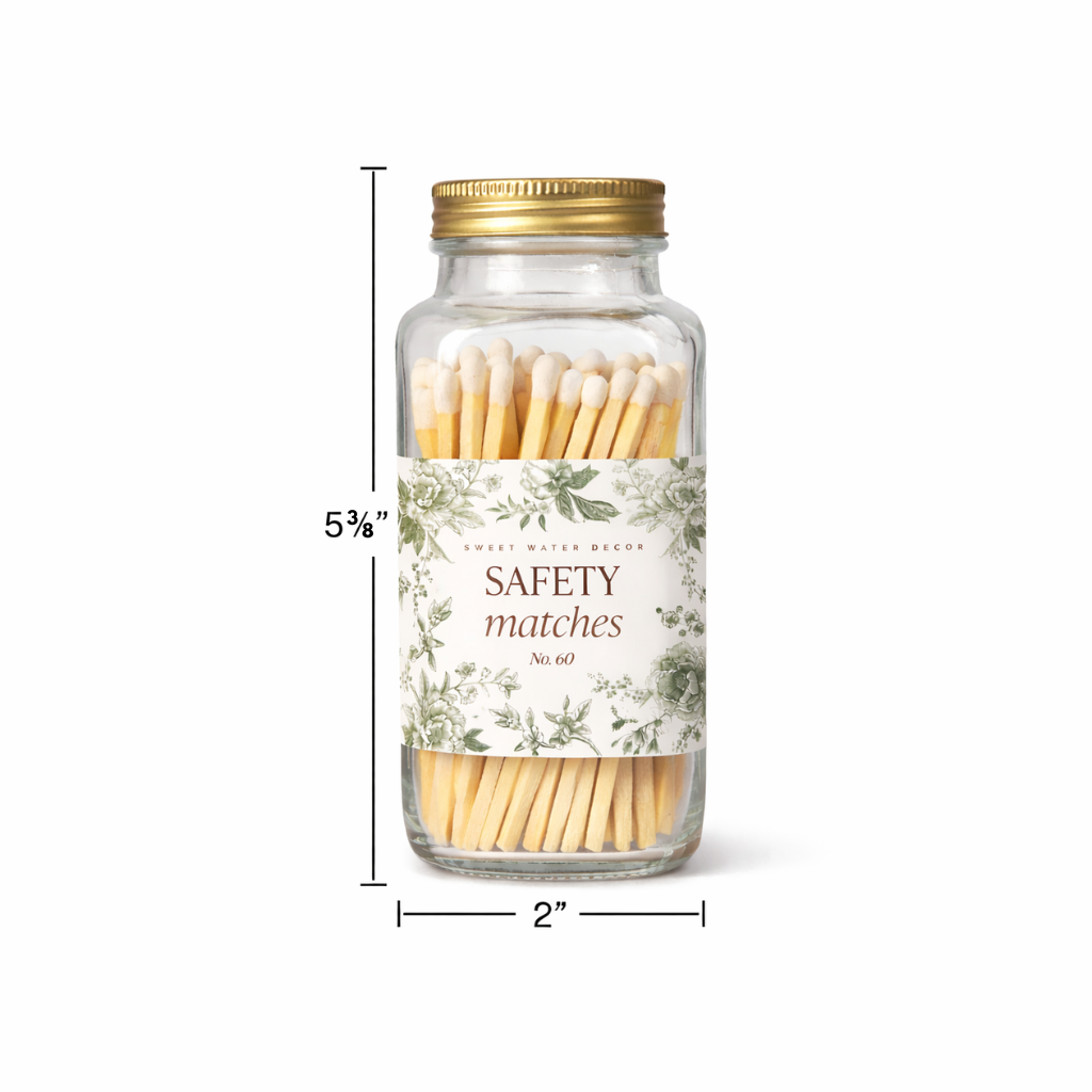 Sweet Water Decor safety matches glass jar with labeled dimensions of 5 3/8 inches tall by 2 inches wide on a clean light background