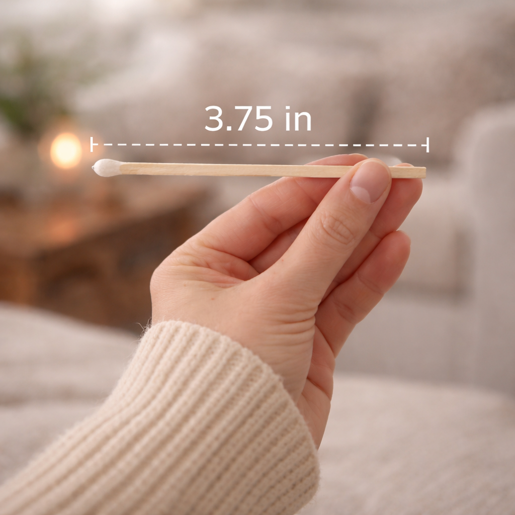 Single Sweet Water Decor safety match held in hand with a labeled length of 3.75 inches against a soft cozy home background