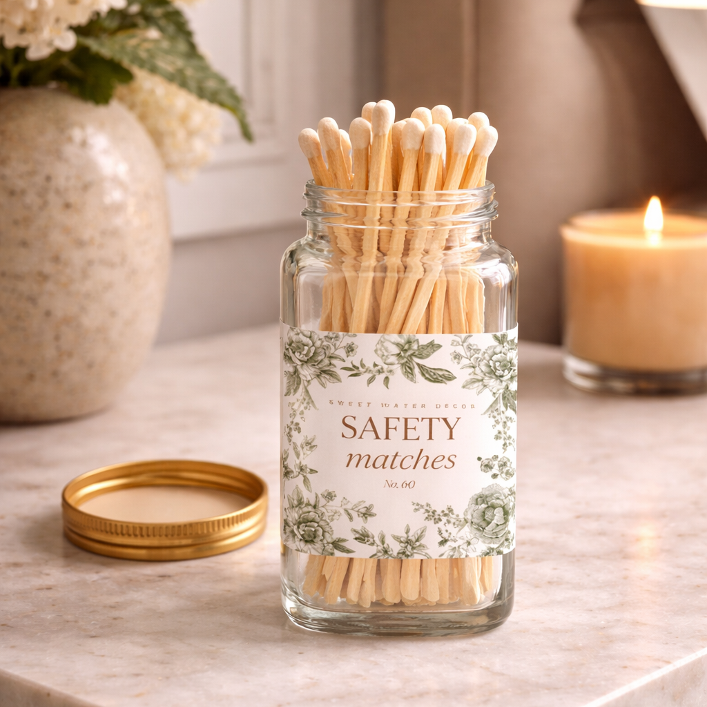 Sweet Water Decor safety matches in an open glass jar styled on a tabletop with a lit candle, neutral vase, and soft home decor in a warm cozy setting